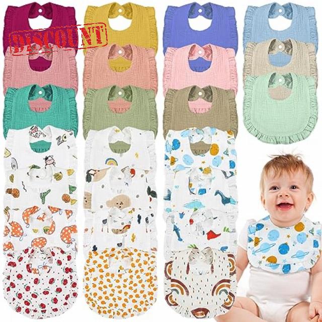 Toulite 24 Pcs Baby Muslin Bibs Cotton Muslin Baby Drool Bibs Soft Baby Bibs for Drooling and Teething Bandana Bibs for Baby Girl Boy Snap Infant Bibs with Ruffle for Unisex Newborn Toddler