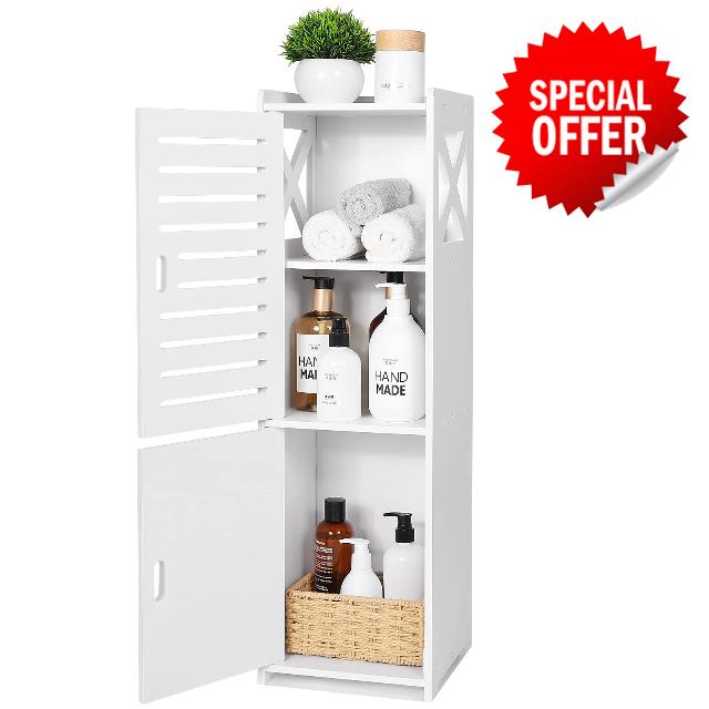 Bathroom Floor Cabinet Freestanding Double Door 3-Tier Side Storage Organizer Cabinet Cupboard