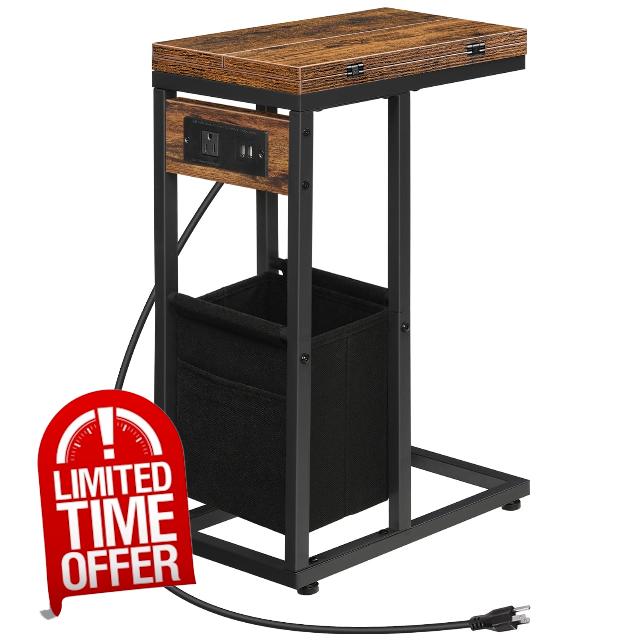 HOOBRO C Shaped Side Table with Charging Station