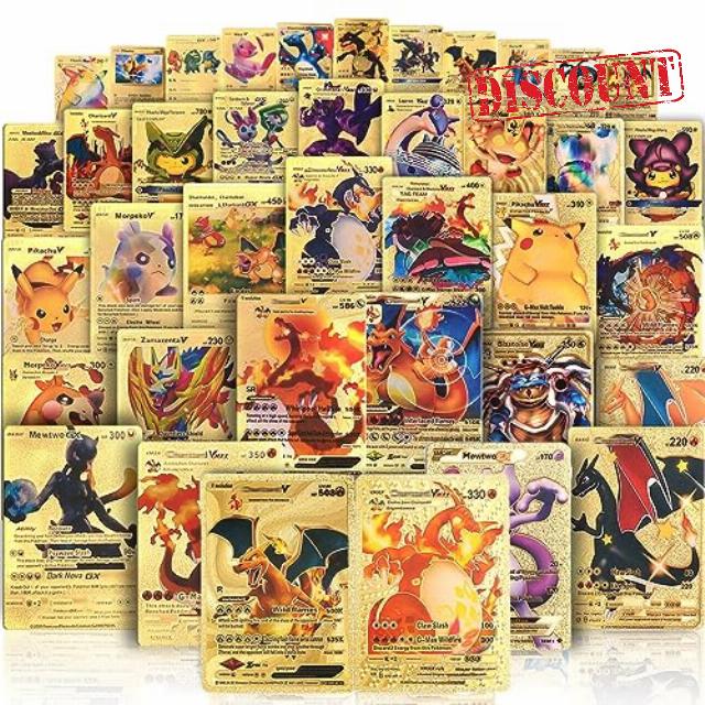 Ultra Rare 55 PCS Gold Cards Packs Vmax DX GX Rare Golden Cards TCG Deck Box Gold Foil Card for Fans/Kids/Collectors Gifts (No Duplicates)