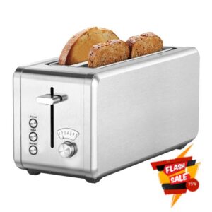 WHALL Long Slot Toaster 4 Slice Brushed Stainless Steel Toaster