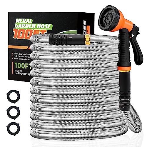 Heavy-Duty Metal Garden Hose Flexible Durable No-Tangle & Kink Leak Dog Proof Hose for Yard Lawn