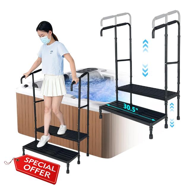 KAAMOS Hot Tub Stairs Handrail Spa Steps for RV Camper Spa Stairs with Handrails 2 Steps Spa & Hot Tub Steps Outdoor Indoor Height Adjustable Step Stool Portable Stairs for Hot Tub