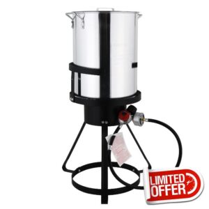 TOVRON 30 Qt Turkey Fryer Set Aluminum Seafood Boiling Kit with Strainer Fish Deep Fryer Pot with Gas Burner Stand for Outdoor Cooking Silver