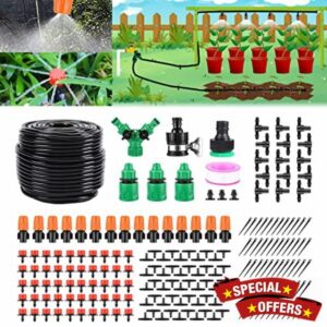 Drip Irrigation Kit 164FT Greenhouse Micro Automatic Irrigation System Patio Misting Plant Watering System with 1/4 inch 1/2 inch Blank Distribution Tubing Hose Adjustable Nozzle Emitters Sprinkler