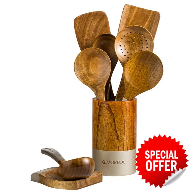 Deluxe Wooden Cooking Utensils Set of 9 - Complete Kitchen Utensils for Cooking with Storage Box & Spoon Holder - Durable and Nonstick Natural Wood Cookware-Wood Cooking Tools (Silver)