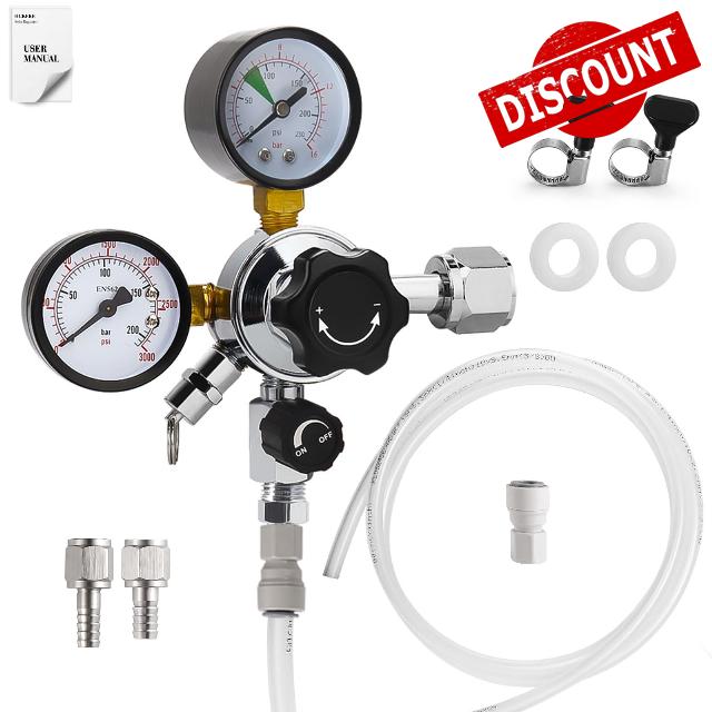 HGKEKE CO2 Regulator Dual Gauge Keg Regulator for Kegerator - CGA 320 Regulator Beer Regulator with 230 PSI Output Pressure Gauge and 7/16-20 UNF Thread Fittings Quick Disconnector & EVA Tubing Beer G