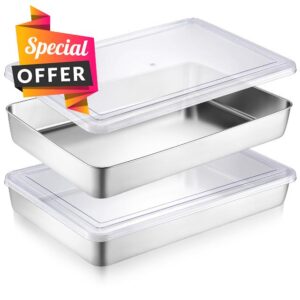 Uiifan 2 Pcs Nonstick Cake Pan with Lid 18 x 13 x 2 Inch Heat Resistant Nonstick Bakeware Baking Pan with Lid Covered Stainless Steel Rectangle Cake Baking Pans for Brownies Crumble Cakes Oven Safe
