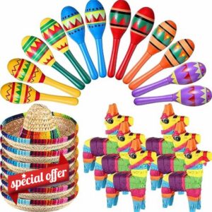Hungdao 24 Pcs Fiesta Decorations Includes Mini Donkey Pinata Wooden Fiesta Maracas for Kids Mini Sombrero Hats Cinco De Mayo Decorations for Birthday Fiesta Supplies