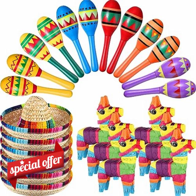 Hungdao 24 Pcs Fiesta Decorations Includes Mini Donkey Pinata Wooden Fiesta Maracas for Kids Mini Sombrero Hats Cinco De Mayo Decorations for Birthday Fiesta Supplies