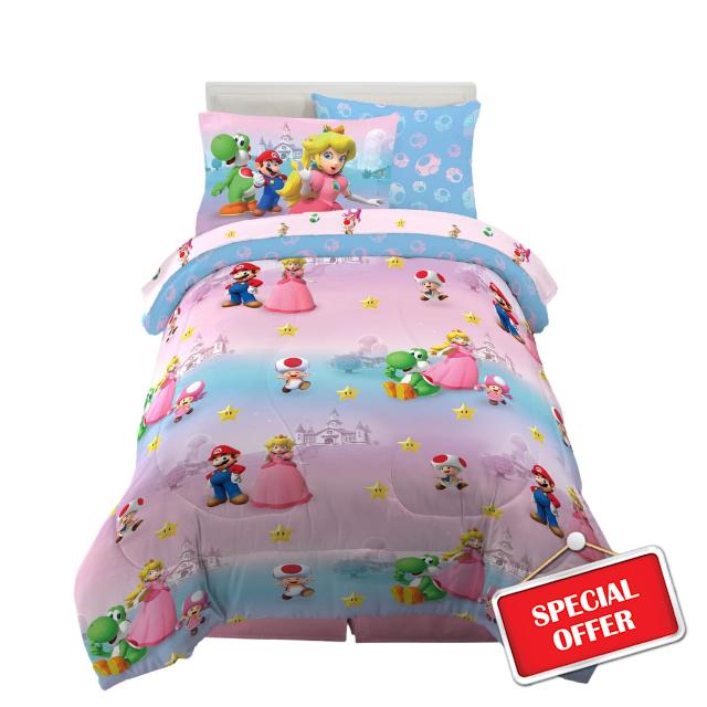 Franco Super Mario Girl Princess Peach Girl Gamer Kids Bedding Super Soft Comforter and Sheet Set with Sham