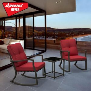 ALAULM Outdoor Rocking Chairs 3 Pieces Patio Bistro Set Patio Furniture Set Armrest Chair with Red Thickened Cushions and Coffee Table for Patio Backyard Porch Pool