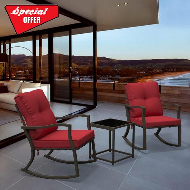 ALAULM Outdoor Rocking Chairs 3 Pieces Patio Bistro Set Patio Furniture Set Armrest Chair with Red Thickened Cushions and Coffee Table for Patio Backyard Porch Pool