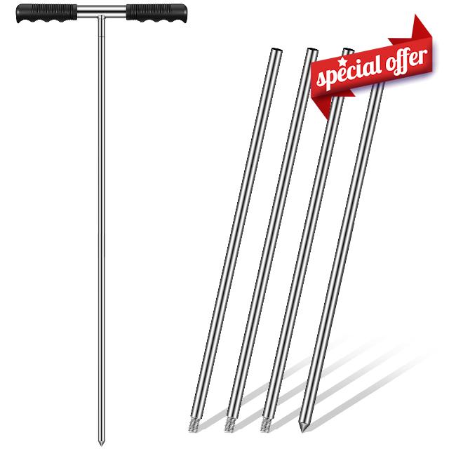 Kanayu Stainless Steel 32-48 Inch Height Adjustable Soil Probe Rod Ground Rod Septic Tank Locator Tool with T Handle for Locating Water Lines Underground Pipes Gopher Runs (Silver