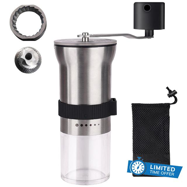 Manual Coffee Grinder丨Stainless Steel Burr Grinder丨 Portable Hand Grinder with 6 Adjustable Coarseness Settings 丨For Home Use,Portability