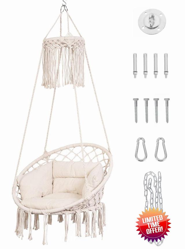 Lazy Daze Hammocks Handmade Cotton Rope Hanging Chair Macrame Hammock Swing Large Size with Cushion and Tassels