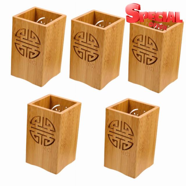 HEMOTON 5pcs Cutlery for Utensils Cup Organizer Tools Home Utensil Bamboo Holder Kitchen Container Spoon Ladle Cooking Wood Countertop Rustic Farmhouse Decor Bar Chopstick