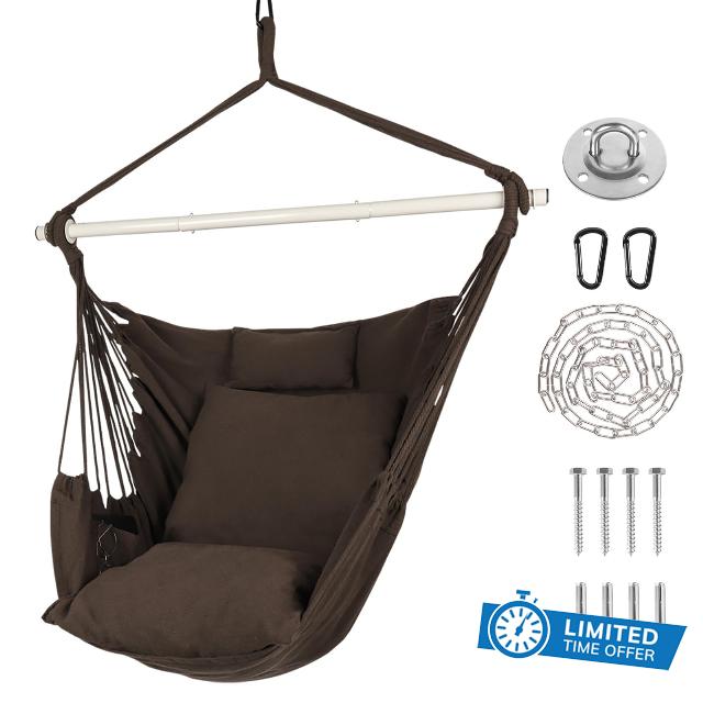 Ciouper Hammock Chair Hanging Rope Swing - Max 500 Lbs - 2 Cushions & 1 Neck Pillow Included - Heavy-Duty Steel Spreader Bar with Anti-Slip Rings - for Any Indoor or Outdoor Spaces (Brown)