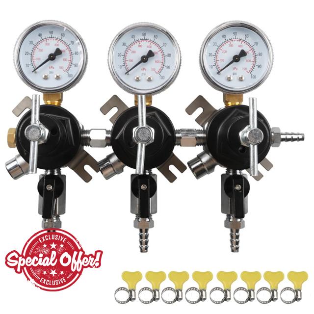 PERA Draft Beer Secondary Regulator - Triple Gauge Design with three 5/16" Outlet Barb 0-100PSI co2 regulator nitrogen regulator Secondary Regulator Beer Bar Wall for Home Brewing