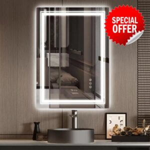 LED Bathroom Mirror with Lights 28X20 Inch Lighted Vanity Mirror Wall Mounted Light Up Smart Front & Backlight Tempered Glass Shatterproof Anti Fog Touch Screen Dimmable Memory Horizontal/Vertical