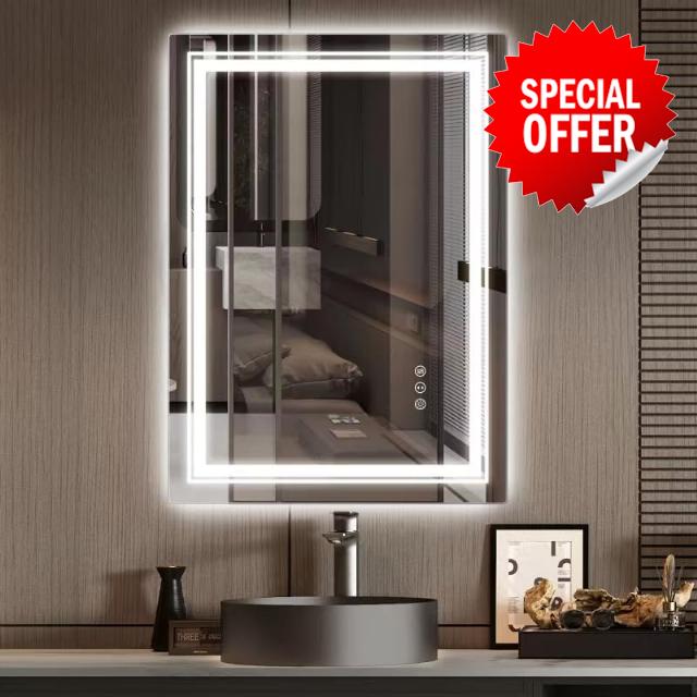 LED Bathroom Mirror with Lights 28X20 Inch Lighted Vanity Mirror Wall Mounted Light Up Smart Front & Backlight Tempered Glass Shatterproof Anti Fog Touch Screen Dimmable Memory Horizontal/Vertical