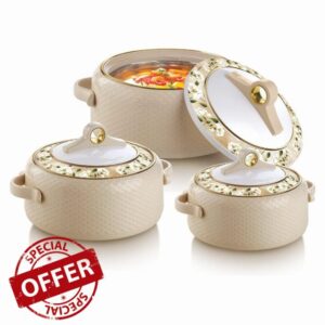 Casserole Set Thermoware Serving Microwave Safe Stainless Steel Hot Cold Food Insulated casserole Double Wall Hot Pot Jumbo (Beige) Pack of 3