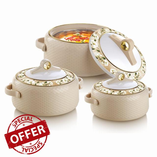 Casserole Set Thermoware Serving Microwave Safe Stainless Steel Hot Cold Food Insulated casserole Double Wall Hot Pot Jumbo (Beige) Pack of 3