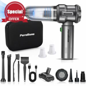 PeroBuno Mini Vacuum Cleaner for Car- 18KPa Powerful- 35 Mins Runtime- 3 Gear- High Power- Cordless Portable Handheld Vacuum with Brushless Motor and Type C- Compressed Air Duster- Car Vacuum