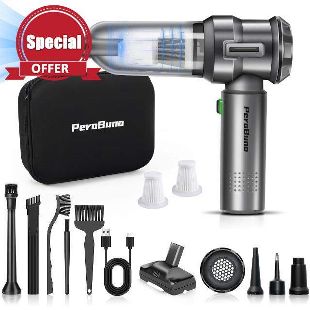 PeroBuno Mini Vacuum Cleaner for Car- 18KPa Powerful- 35 Mins Runtime- 3 Gear- High Power- Cordless Portable Handheld Vacuum with Brushless Motor and Type C- Compressed Air Duster- Car Vacuum