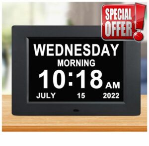 FEYBYLA Alarm Clock with Day and Date for Elderly 3Displays 7inch Digital Calendar Day Clock Photo Frame- Auto Dimmable Display 8 Alarm Options