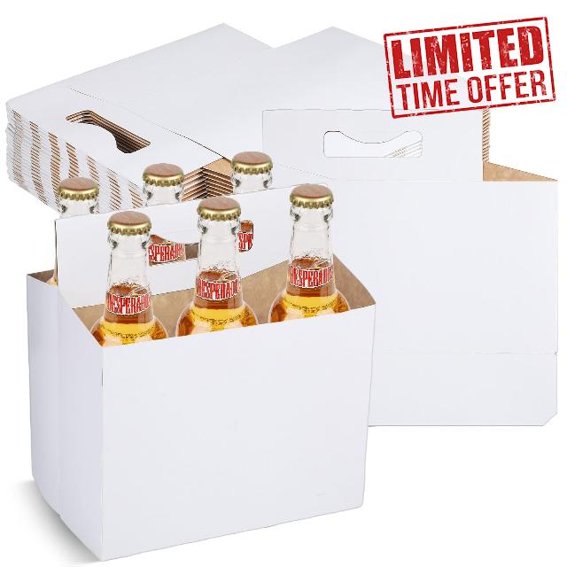 Ctosree 50 Pieces 6 Bottle Holder Kraft Cardboard 12 oz Beer Carrier with Portable Handle Soda Cup Carrier Box for Drinks Beverages Safe and Easy Transport (White)