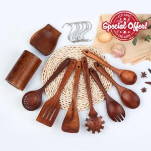 Natural Teak Kitchen Accessories Cooking Tools Set of 9 - Teak kitchen utensils - Teak cooking utensils - Teak wood kitchen tools