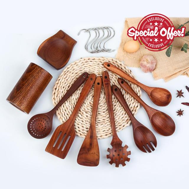 Natural Teak Kitchen Accessories Cooking Tools Set of 9 - Teak kitchen utensils - Teak cooking utensils - Teak wood kitchen tools