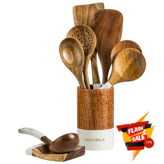 Deluxe Wooden Cooking Utensils Set of 9 - Complete Kitchen Utensils for Cooking with Storage Box & Spoon Holder - Durable and Nonstick Natural Wood Cookware-Wood Cooking Tools (White)