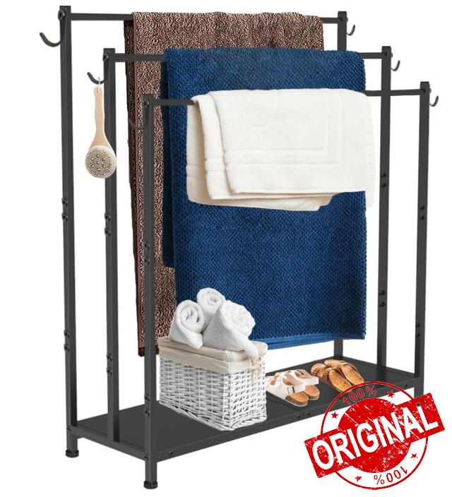 AnBaiMei Extra Large Free Standing Towel Rack with Metal Storage Shelf & 6 Hooks for Bathroom