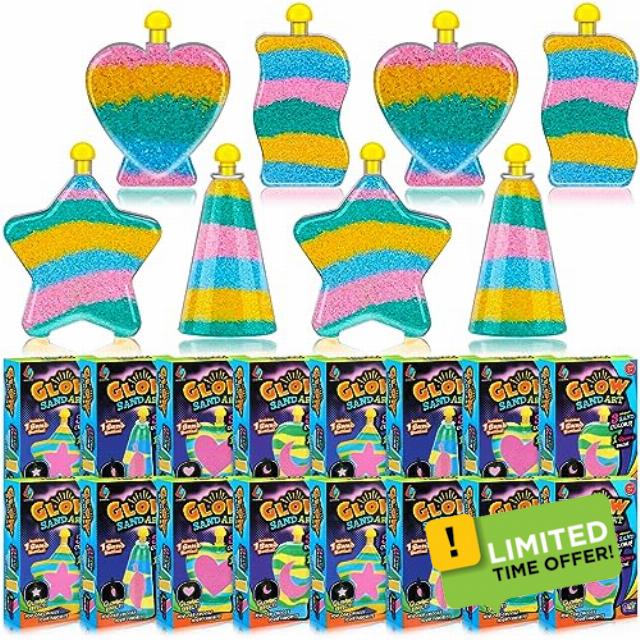 Liliful 24 Create Your Own Sand Art and Crafts Activity Kit Glow in The Dark Colored Sand Kits Sand Art Bottles Bulk Funnels Sticks Colorful Sand Glowing Sand for Girls Boys DIY Party