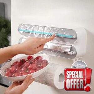 3 in 1 Wrap Organizer with Cutter Includes 2 Rolls of Plastic Wrap and Aluminum Foil Dispenser，Magnetic Paper Towel Holder for Fridge，foil and Plastic wrap Organizer，Magnetic Paper Towel Holder