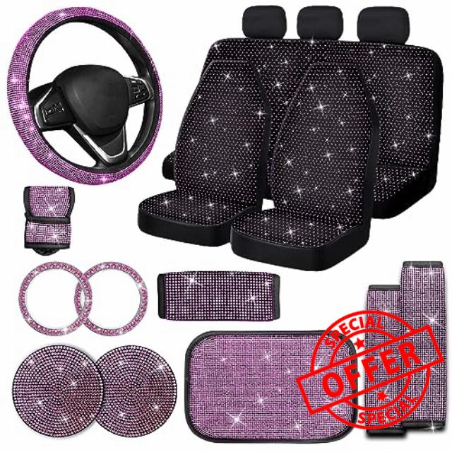 Jusen 17 Pack Bling Car Seat Covers Set Car Diamond Accessories Rhinestone Crystal Steering Wheel Cover