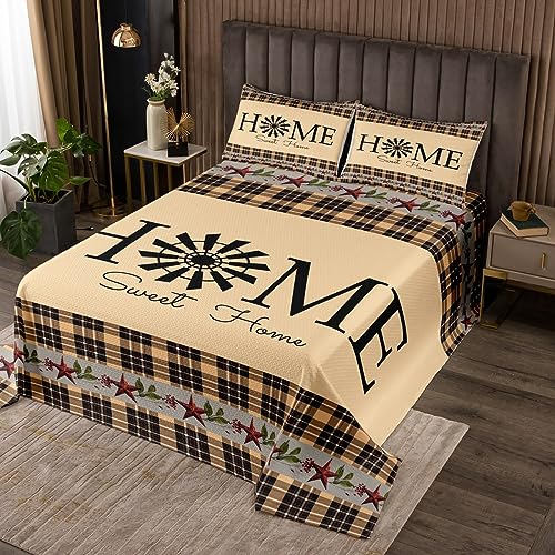 Windmill Decor Bedspread Set Twin Tan Khaki Black Plaid Coverlet Set Western Vintage Bedding Set Rustic Farmhouse Bedroom Decor