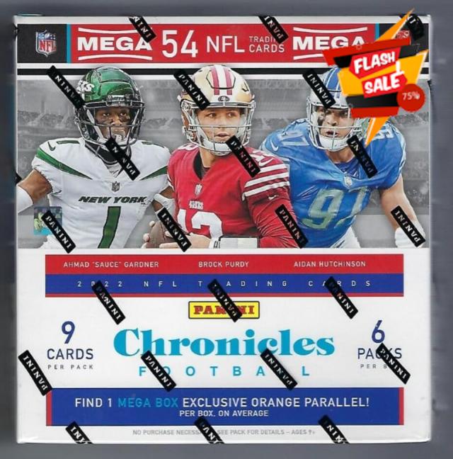 2022 Panini Chronicles NFL Football Factory Sealed Fanatics Mega Box 54 Cards (6 packs of 9 cards) Find 1 Mega Box Exclusive Orange Parallel Chase exclusive memorabilia and autographed rookie cards of the 2022 Rookies such as Brock Purdy (49ers)