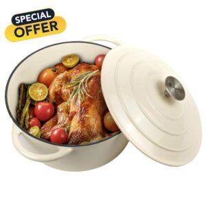 Gacuray Enameled Cast Covered Iron Dutch Oven with Lid 6Qt Cream White