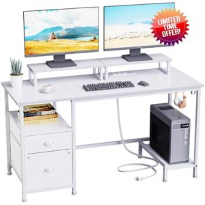 Furologee White Computer Desk with Drawer and Power Outlets