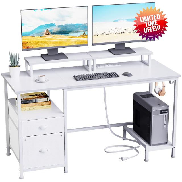 Furologee White Computer Desk with Drawer and Power Outlets
