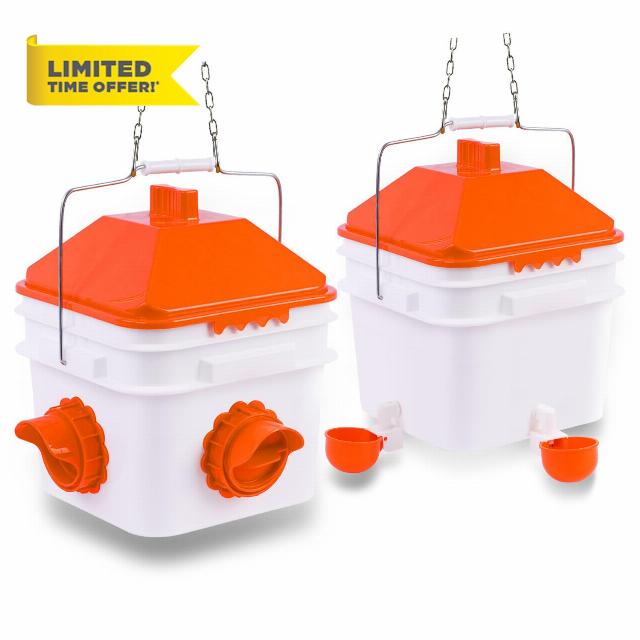 GUEOQTC Chick2Chicken 10lb Feeder and 2 Gal Waterer with Auto-Fill Cups and Horizontal Nipples Set - for up to 20 Chicks/12 Adult Chickens