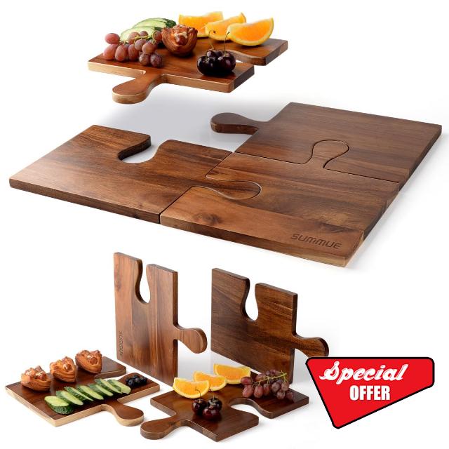 SUMMUE Wooden Cutting Boards for Kitchen - 19" x 15" Set of 4 Acacia Wood Large Charcuterie Boards Set with Puzzle Handles Chopping Boards for Meat