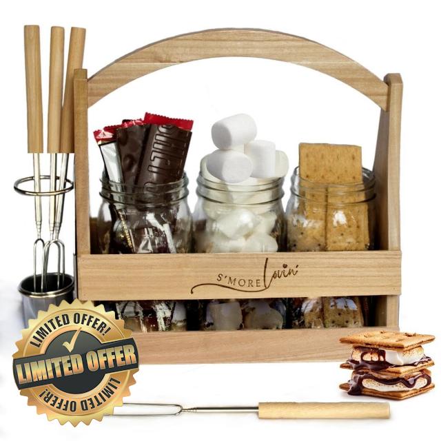 JOY FULL NESS Smores Caddy - Wooden Display And Organizer For Your Smores Kit For Fire Pit w/ 4 Smore Sticks For Camping Smores Station - 4 Telescoping Marshmallow Sticks For Fire Pit Smore Kit