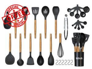 Silicone Kitchen Utensils Set & Silicone Cooking Utensils - Premium Kitchen Silicon Utensil Set with Wooden Handles - Durable Cooking Utensil Set & Baking Essentials - Silicone Spoons for Cooking