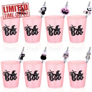 Eaasty 32 Set Pink Halloween Cups with Drinking Straws and Straw Decorations Disposable 16 oz Boo Stadium Cups Plastic Cups for Adults Kids Halloween Birthday Baby Shower Party Supplies