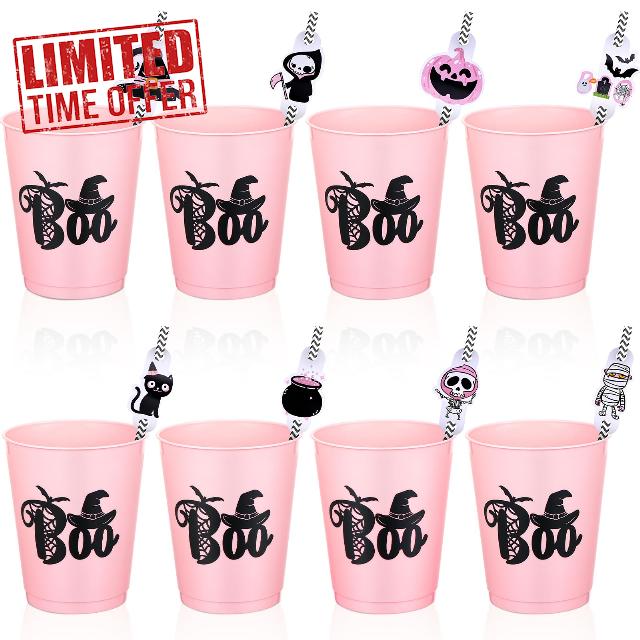 Eaasty 32 Set Pink Halloween Cups with Drinking Straws and Straw Decorations Disposable 16 oz Boo Stadium Cups Plastic Cups for Adults Kids Halloween Birthday Baby Shower Party Supplies