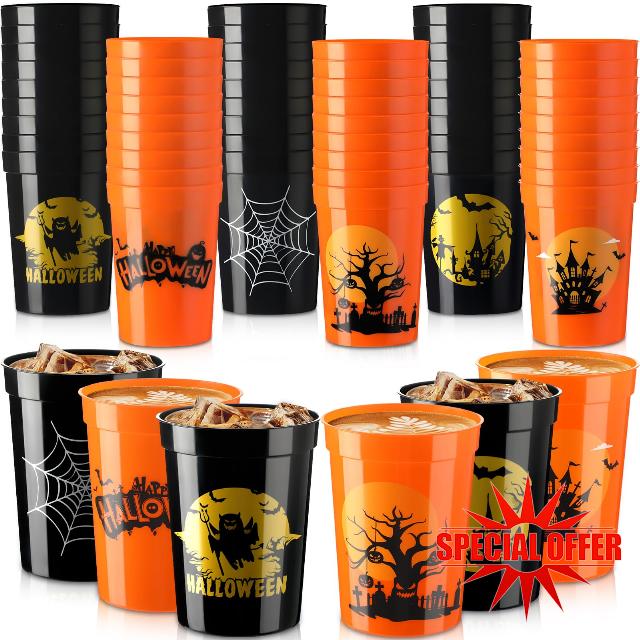Lallisa 120 Pcs Happy Plastic Halloween Cups Bulk Plastic 8 oz Spooky Drinking Cup Spider Web Castle Bat Pumpkin Orange and Black Plastic Cups for Trick and Treat and Halloween Decoration Mega Party